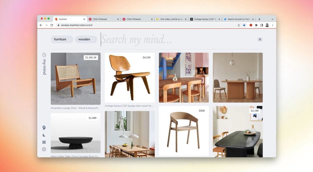 The interface of mymind showing a search by tags